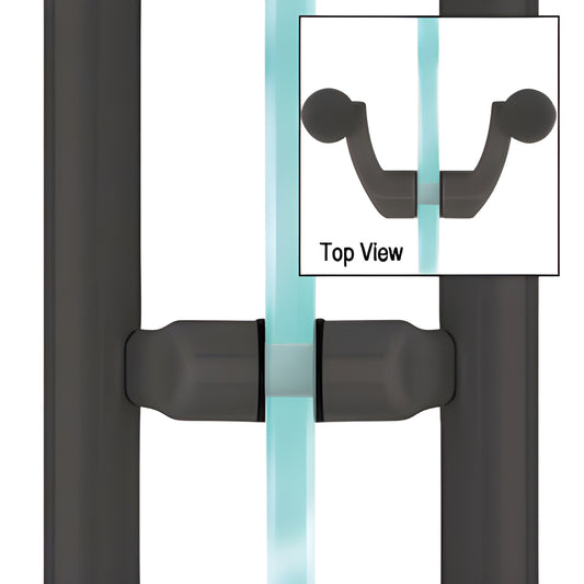 Matte black offset mid-posts SKU LP0MBL installed on glass between ladder pulls for no-drill conversion