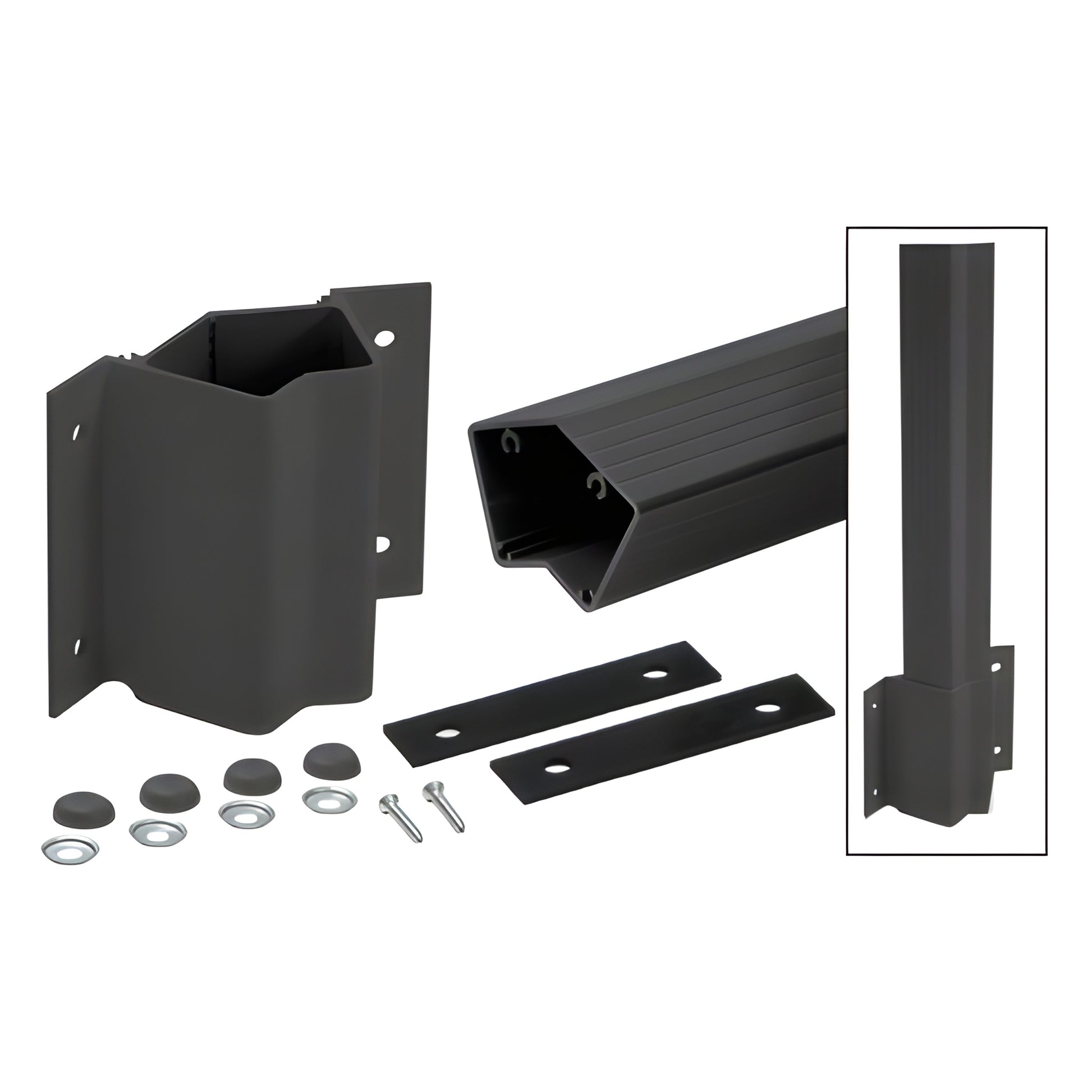 Matte black aluminum 46 in fascia post kit FP5136KBL with fascia bracket, post section, washers, bolts and cover buttons.