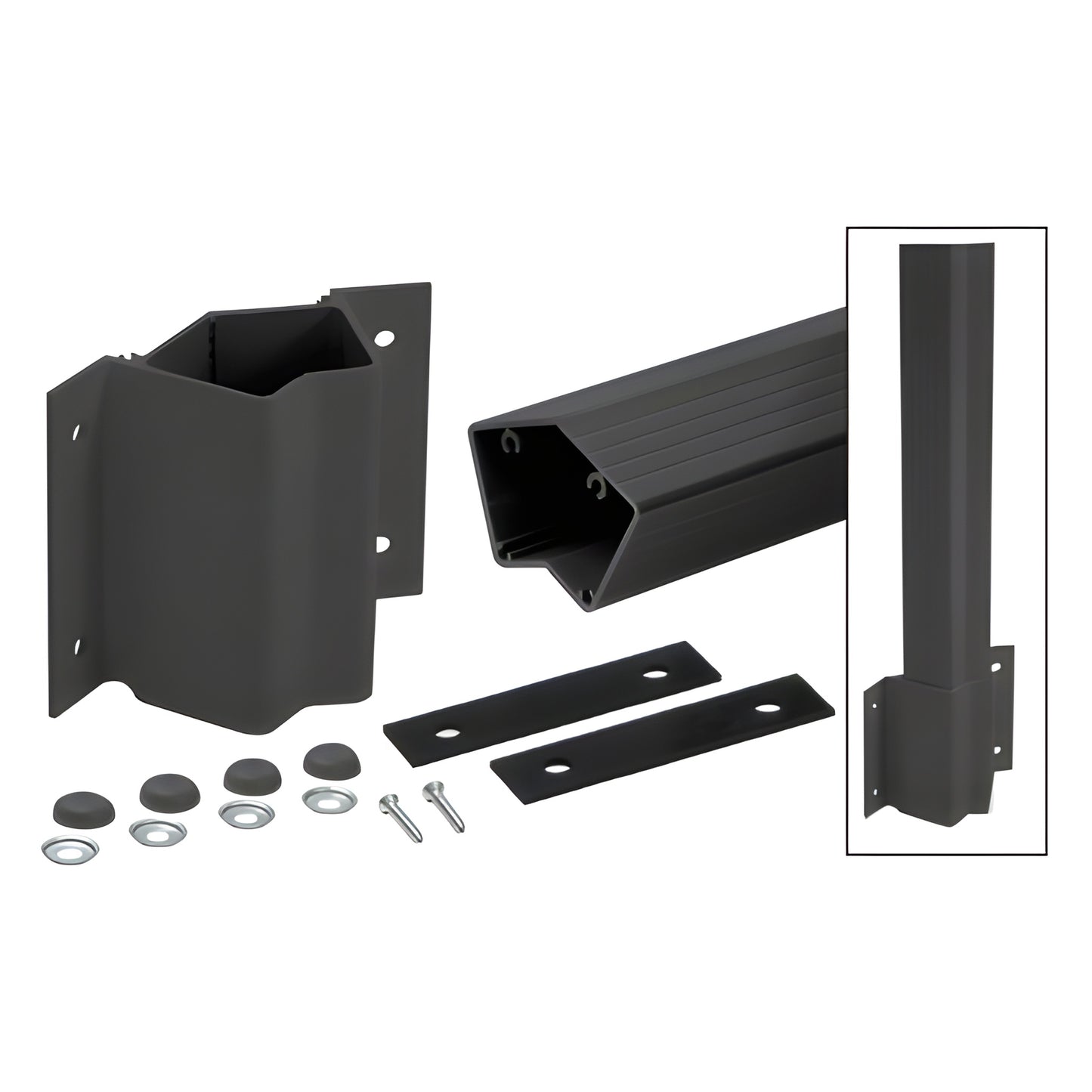 Matte black aluminum 135 fascia mount post kit (FP5142KBL) with post, fascia bracket, washers and bolt cover buttons.