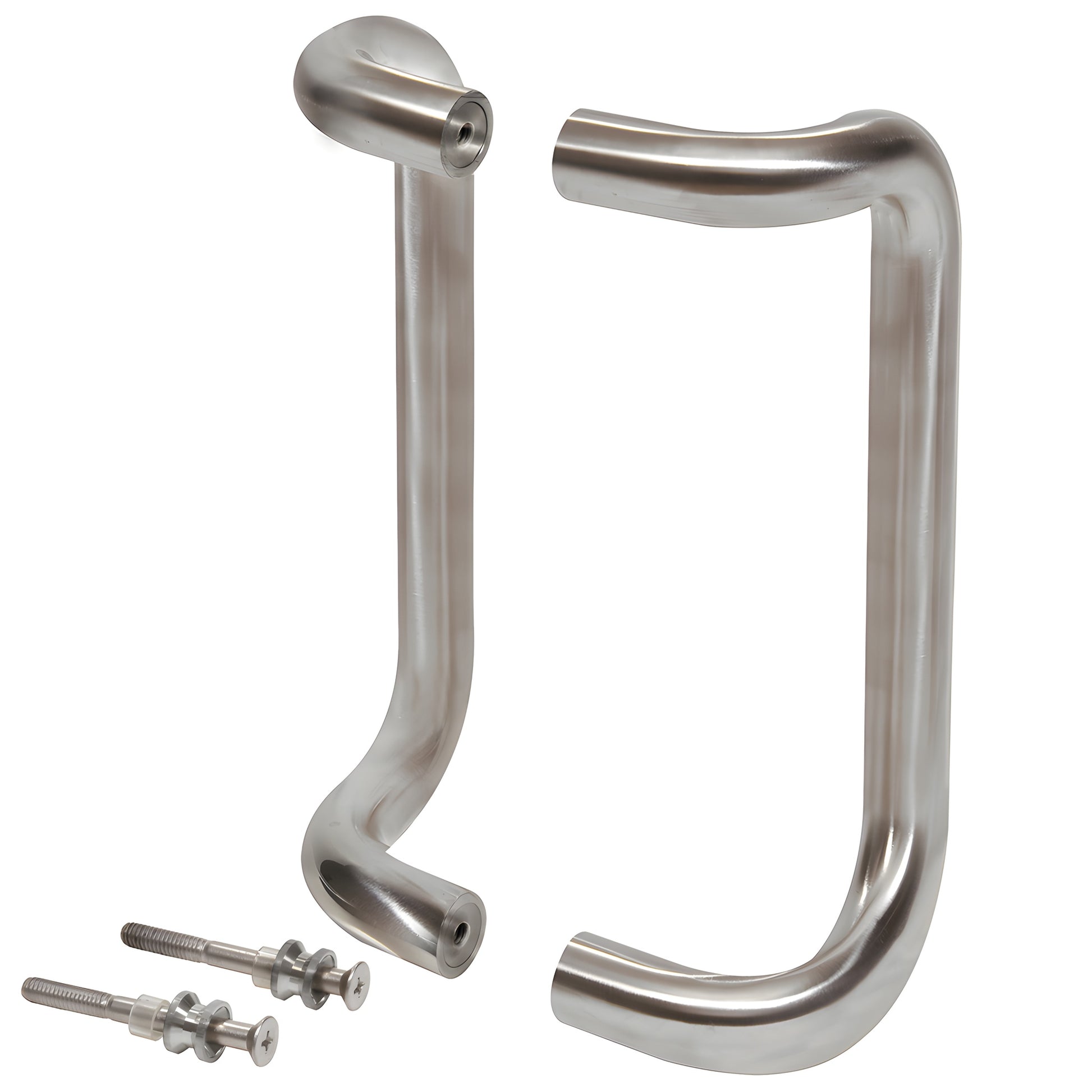 Brushed stainless 1 in offset door pull handle set, 10 in c-to-c, back-to-back mount with hardware. SKU M21741032D