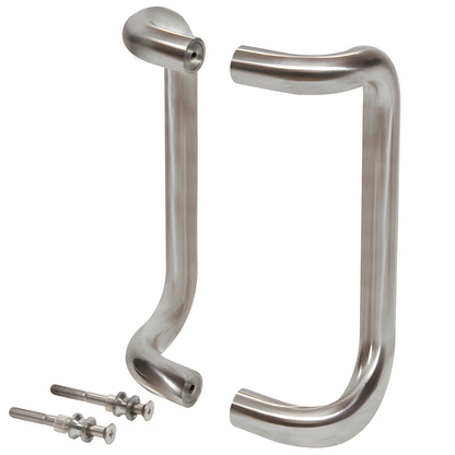 Brushed stainless 1 in offset door pull handle set, 10 in c-to-c, back-to-back mount with hardware. SKU M21741032D