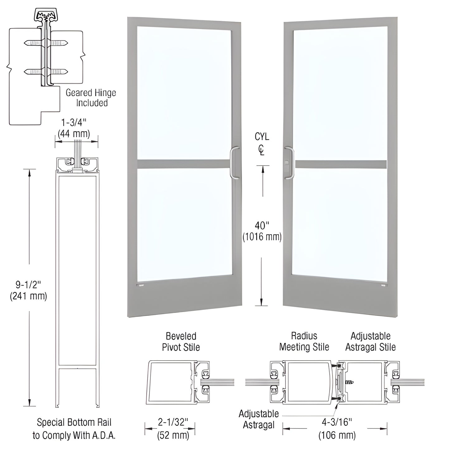 CZ22811 clear-anodized narrow-stile commercial entrance door with glass, 2" stiles and 9.5" ADA bottom rail