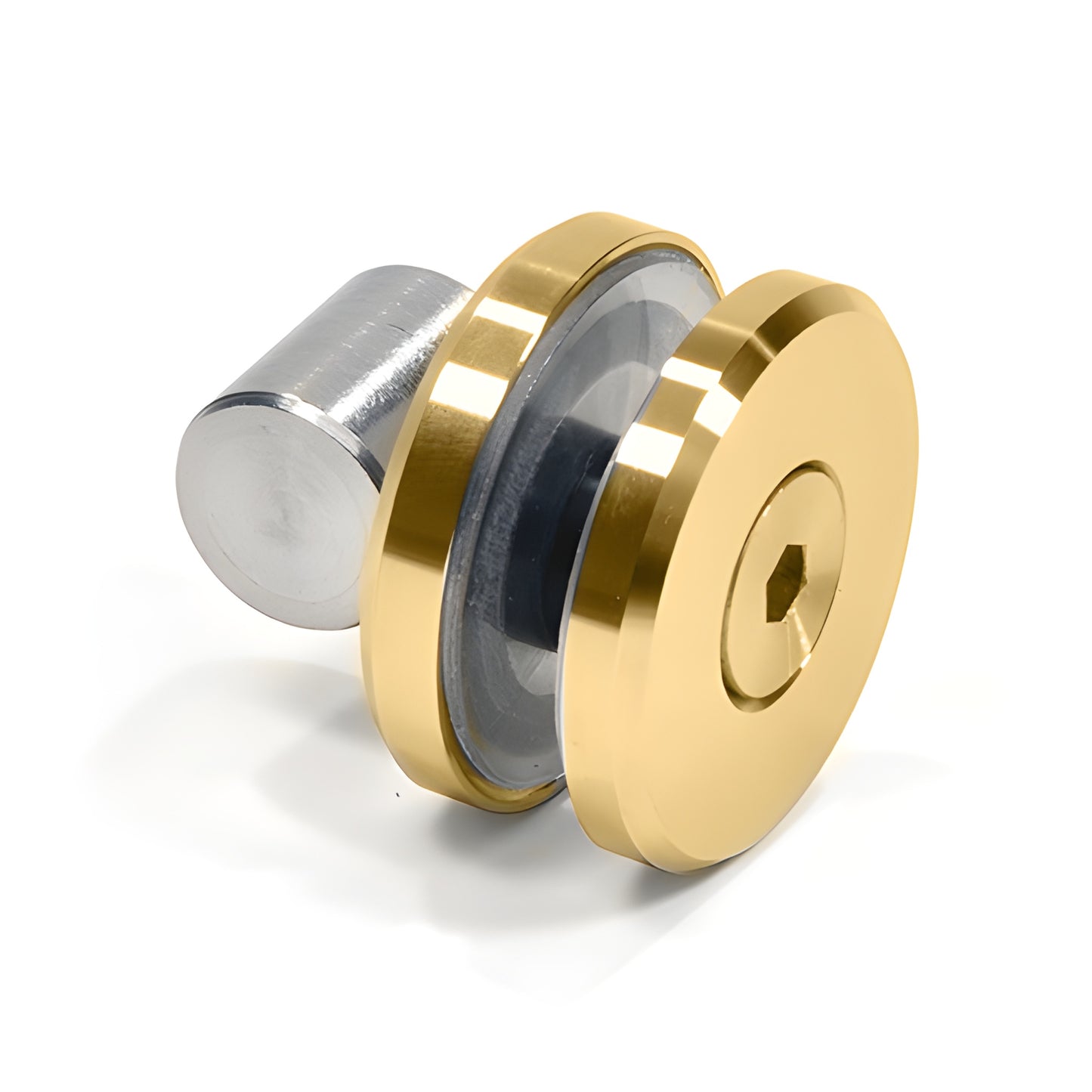 CRE78SB Crescent frameless sliding shower hardware in satin brass - top round rollers and header on clear glass.