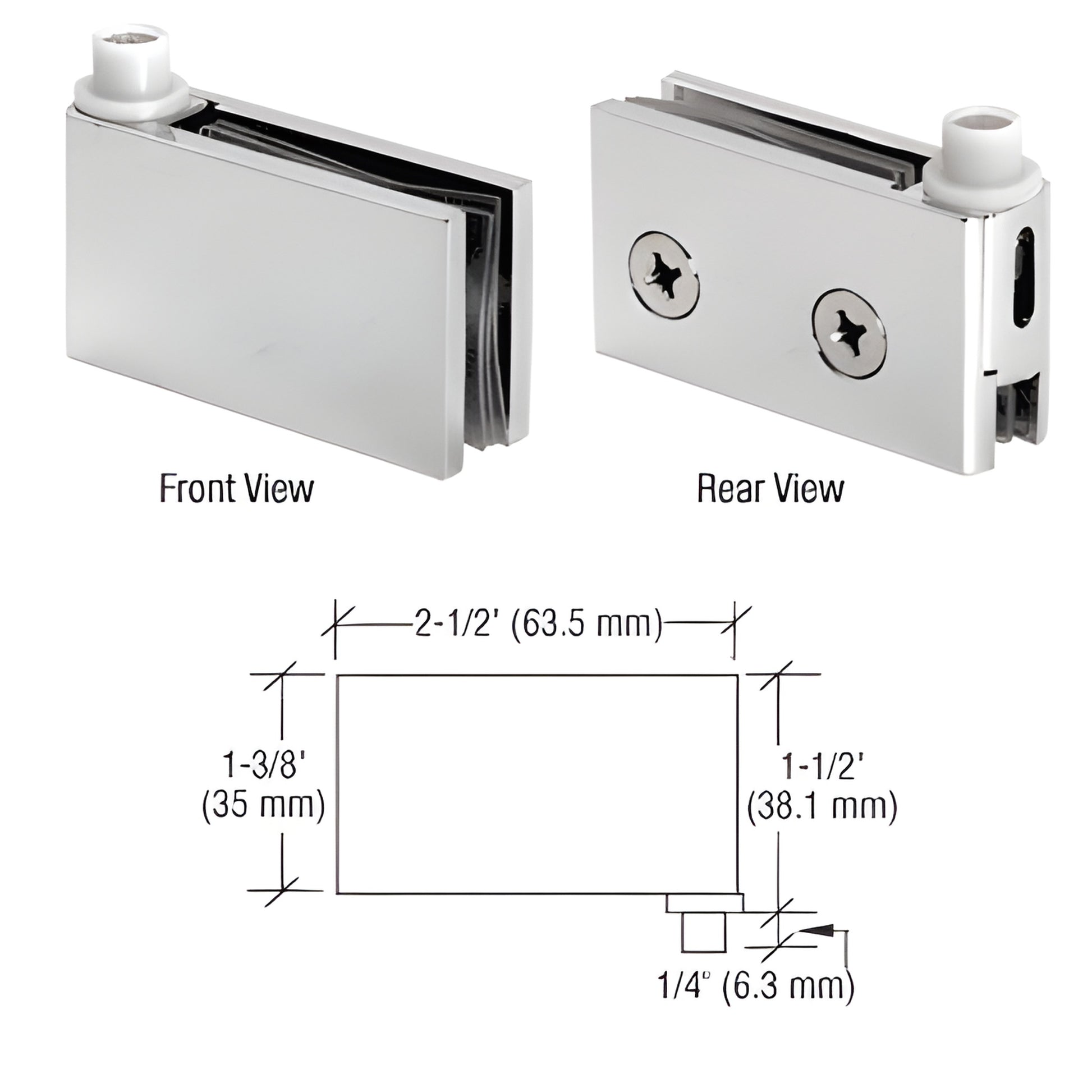 Polished chrome CRL FA55CH flush-mount brass pivot hinge for 1/4-5/16" (6-8mm) glass doors, front and rear views with dims.
