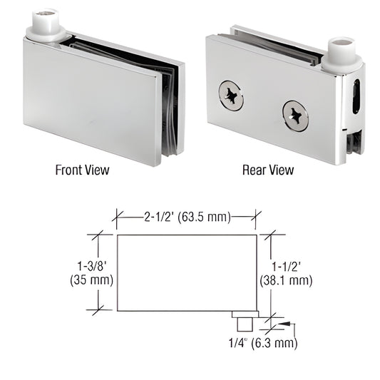 Polished chrome CRL FA55CH flush-mount brass pivot hinge for 1/4-5/16" (6-8mm) glass doors, front and rear views with dims.