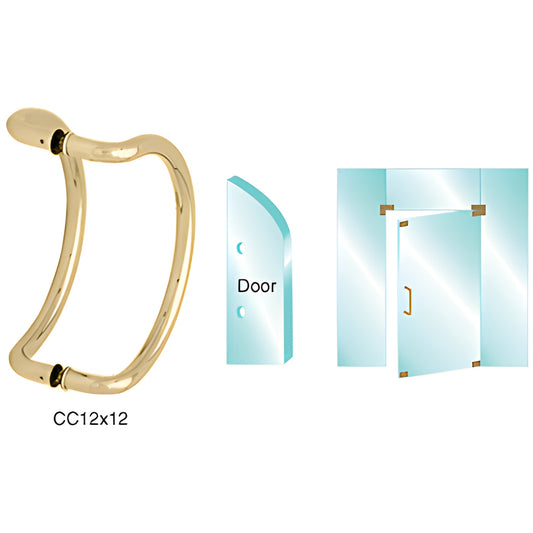 Polished brass curved glass pull handle CC12X12BR, 12 in centers, fits 3/8-3/4 in tempered glass, includes washers/gaskets