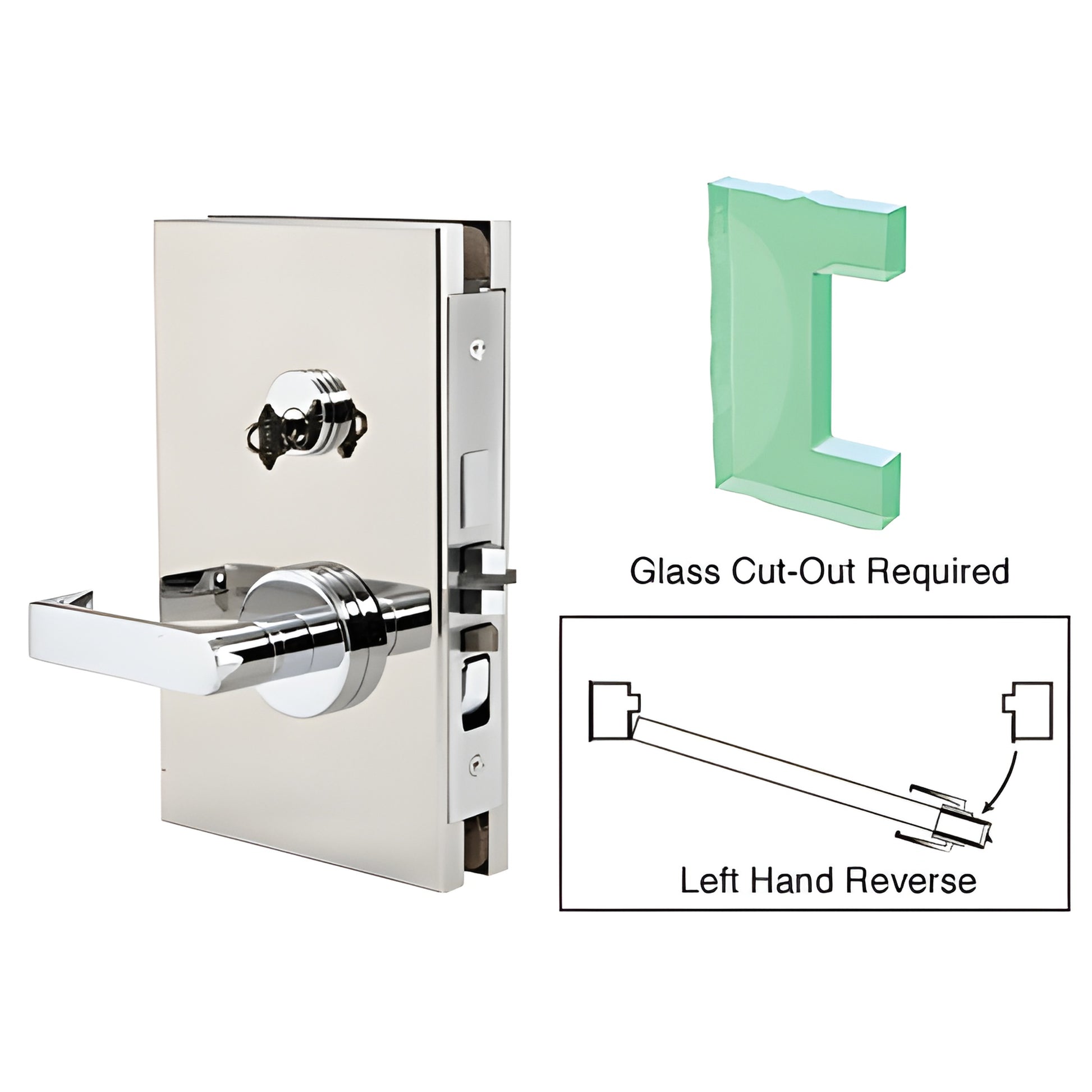 Polished stainless center glass door lock DL611LEPS, 6x10 deadlatch for 1/2" tempered glass, left-hand reverse