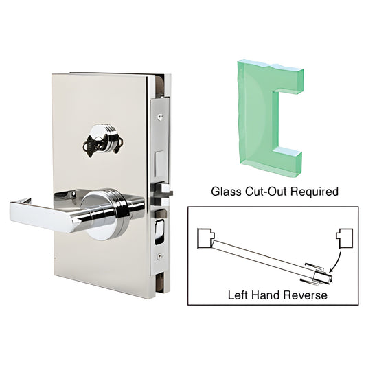 Polished stainless center glass door lock DL611LEPS, 6x10 deadlatch for 1/2" tempered glass, left-hand reverse