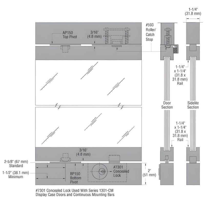 Display case door technical drawing - brushed stainless continuous mounting bars, fully glazed panels, concealed pivots/lock.