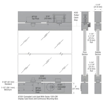 ** CRL-Blumcraft® Satin Anodized 1301-CM Display Case Double Door and Sidelite with Mounting Bars - 3/8" Tempered Glass