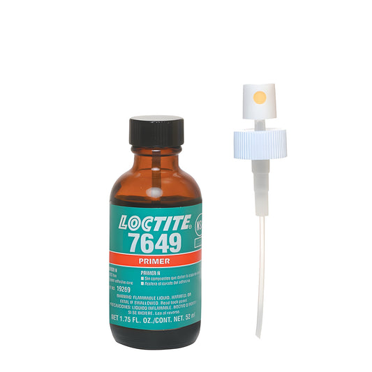 Loctite 7649 primer 1.75 oz amber bottle with teal label and separate white pump dispenser.
