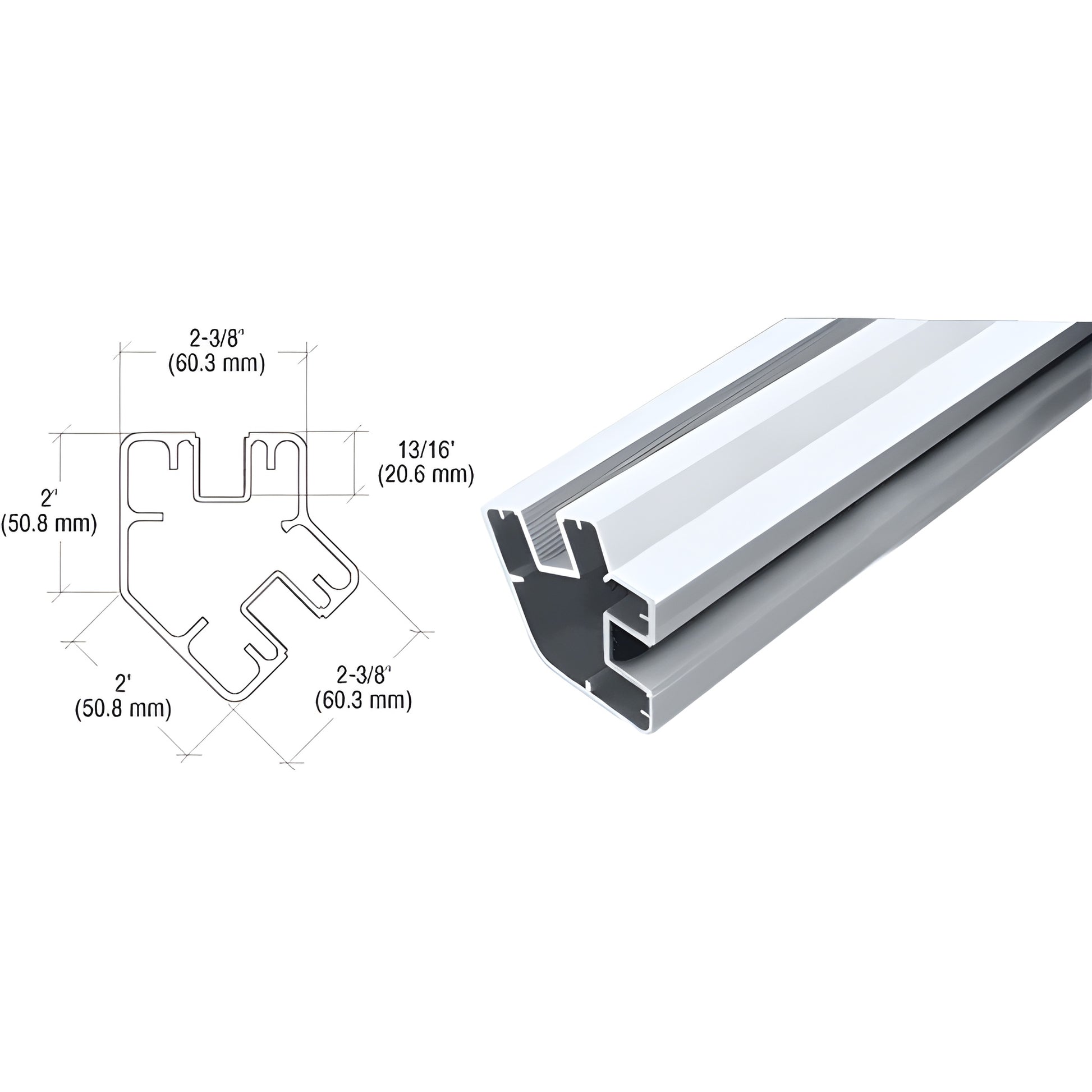SP548M aluminum rectangular windscreen post, mill finish, 2-3/8" x 2" profile, 48" length, CAD section view