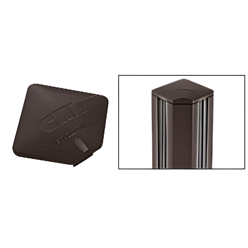 Matte bronze rectangular aluminum post top cap (SKU PC9SBRZ), shown loose and installed on a post.