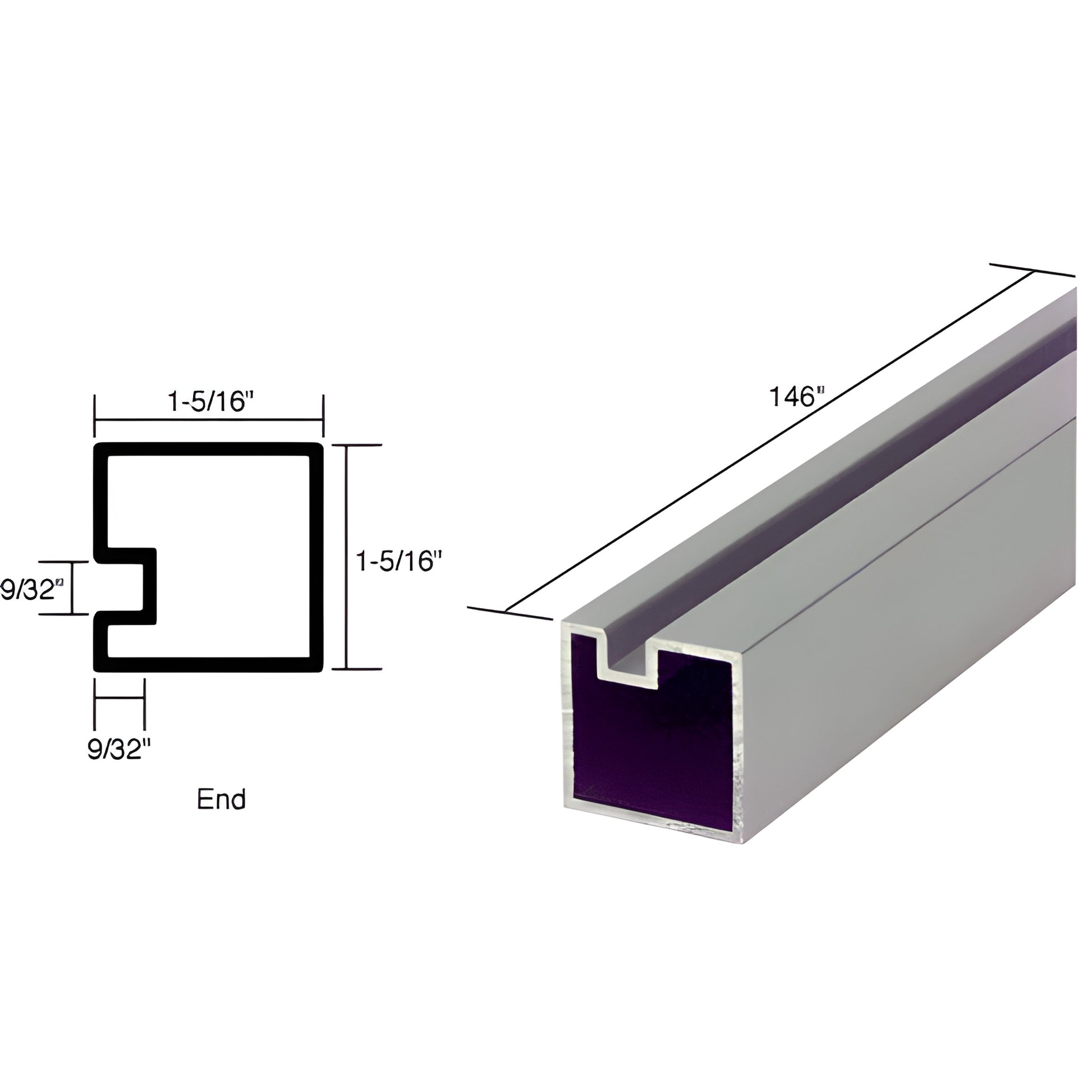 Satin anodized square aluminum partition post extrusion, recessed 9/32" glass pocket, 1-5/16" square, 146"