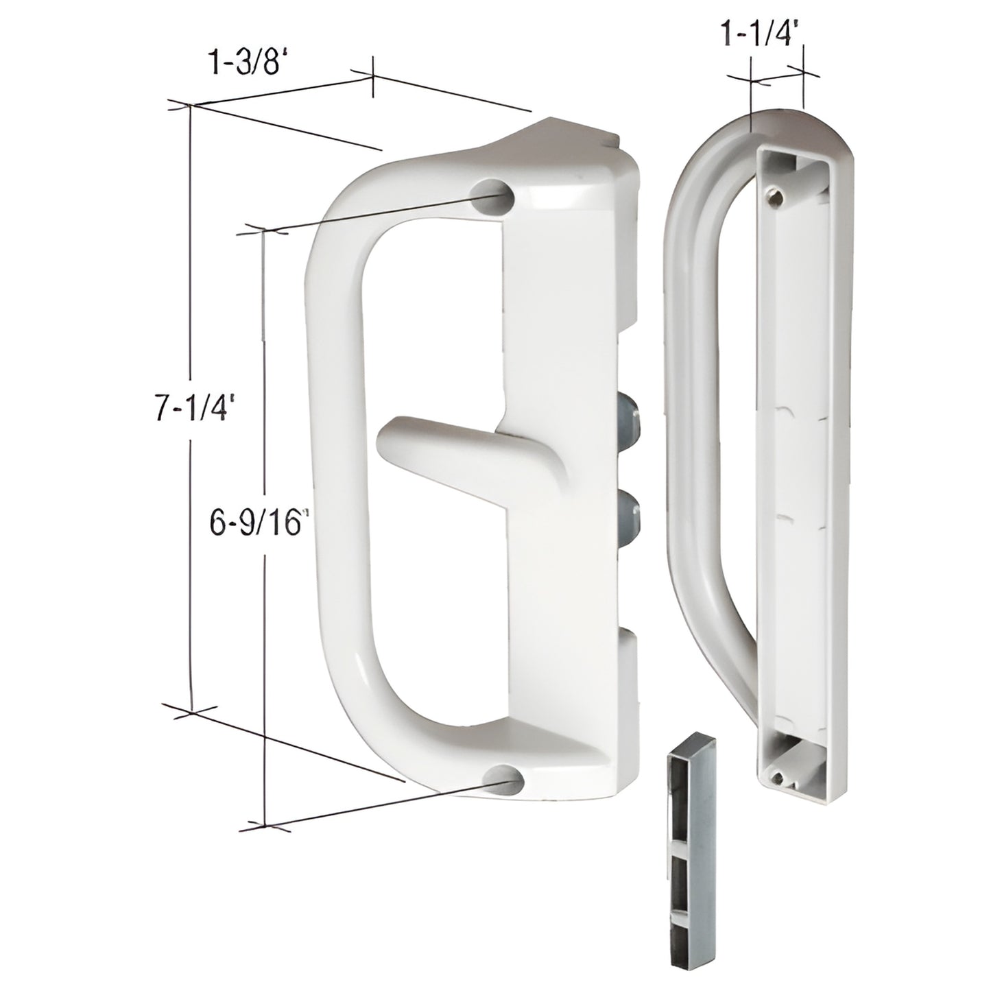 White aluminum surface-mounted hook-style sliding door handle set (SKU C1221) with keeper, 7-1/4" handle.