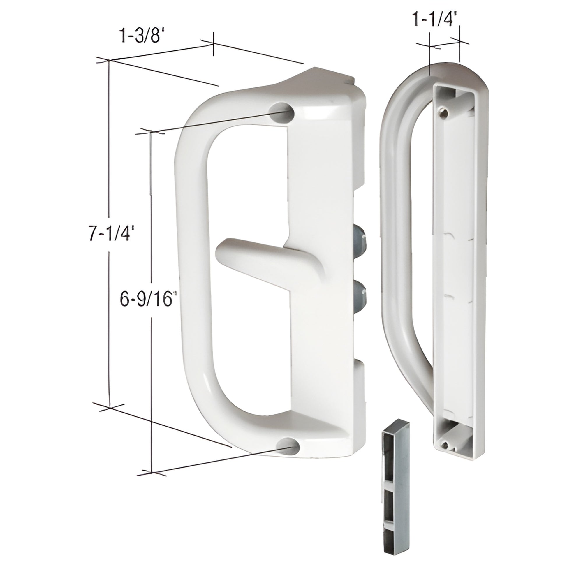 White aluminum surface-mounted hook-style sliding door handle set (SKU C1221) with keeper, 7-1/4" handle.
