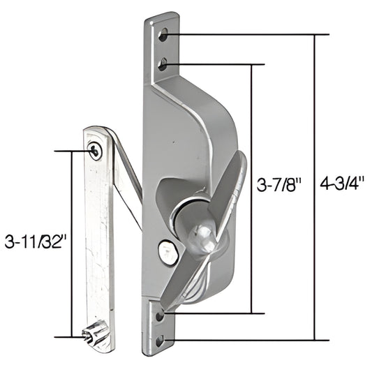 CRL diecast jalousie window operator WCM301 - silver T crank with 3 11/32 flat link arm, replacement for Stanley windows
