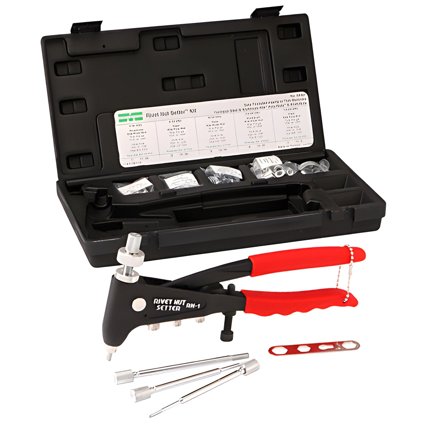 Rivet-nut setter kit (SKU M39301) with black plastic case, red-handled rivet nut tool, mandrels and assorted inserts.