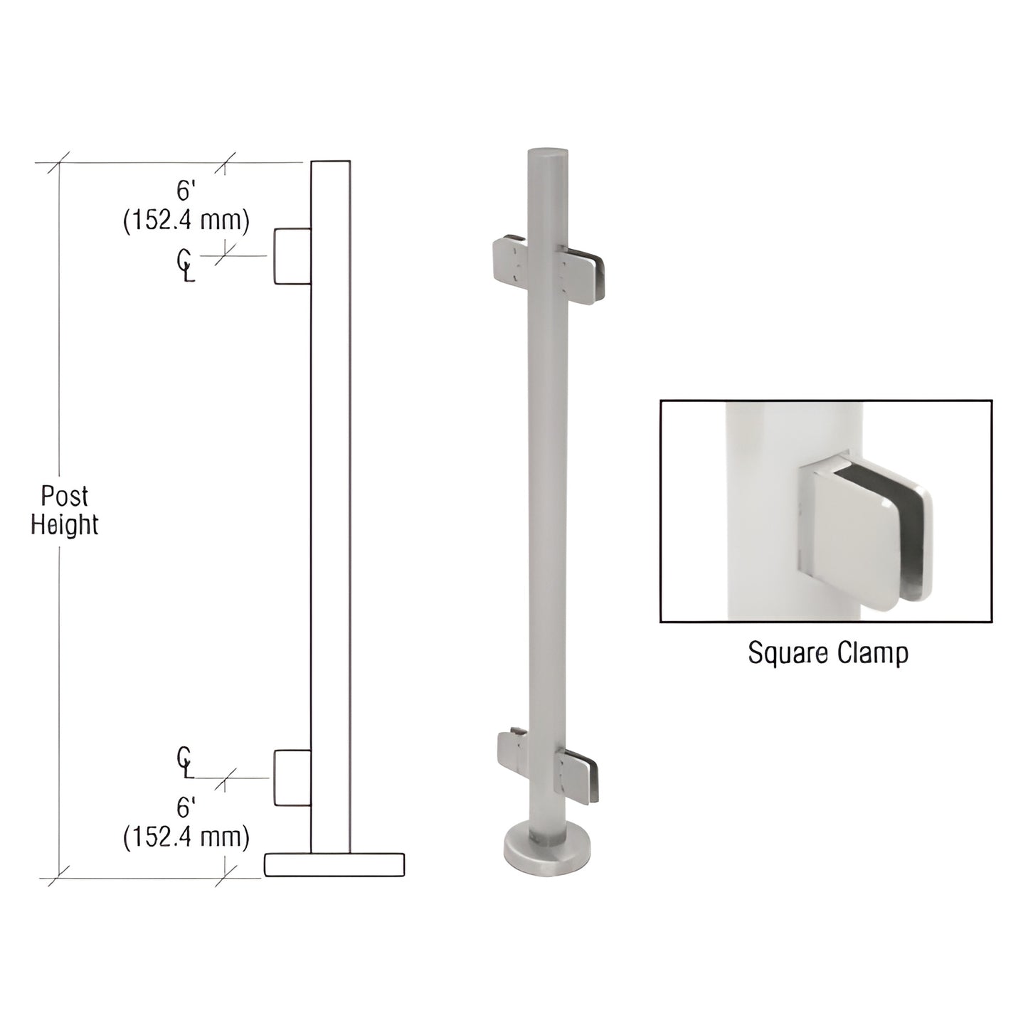 PS36CBS stainless steel 1.9" round glass clamp post kit with base plate and Z-series square clamps, brushed finish
