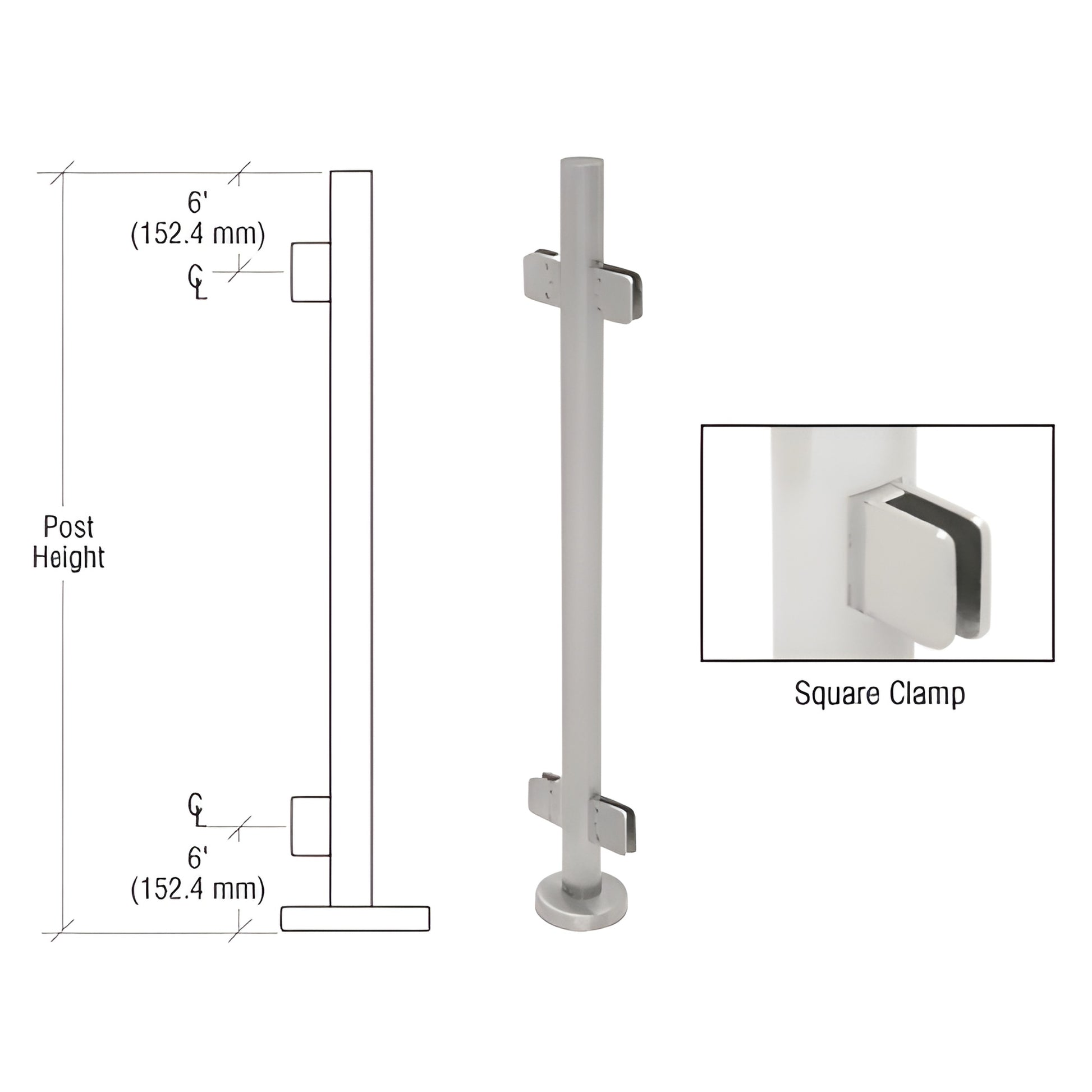 PS36CBS stainless steel 1.9" round glass clamp post kit with base plate and Z-series square clamps, brushed finish