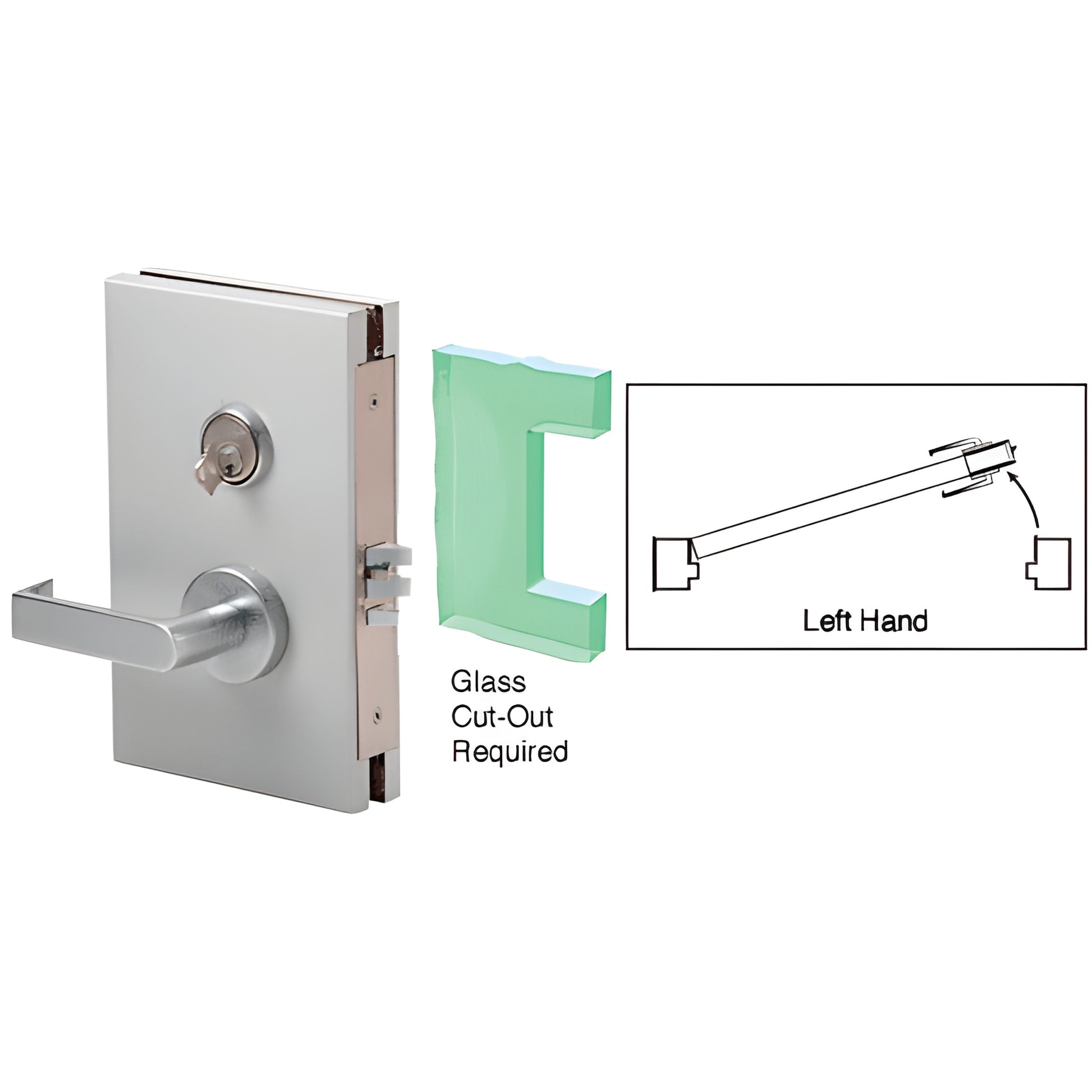 CRL DL610LMSC satin anodized 6x10 center glass door lock, left-hand, fits 1/2 glass; shows lever, cylinder, cutout diagram.