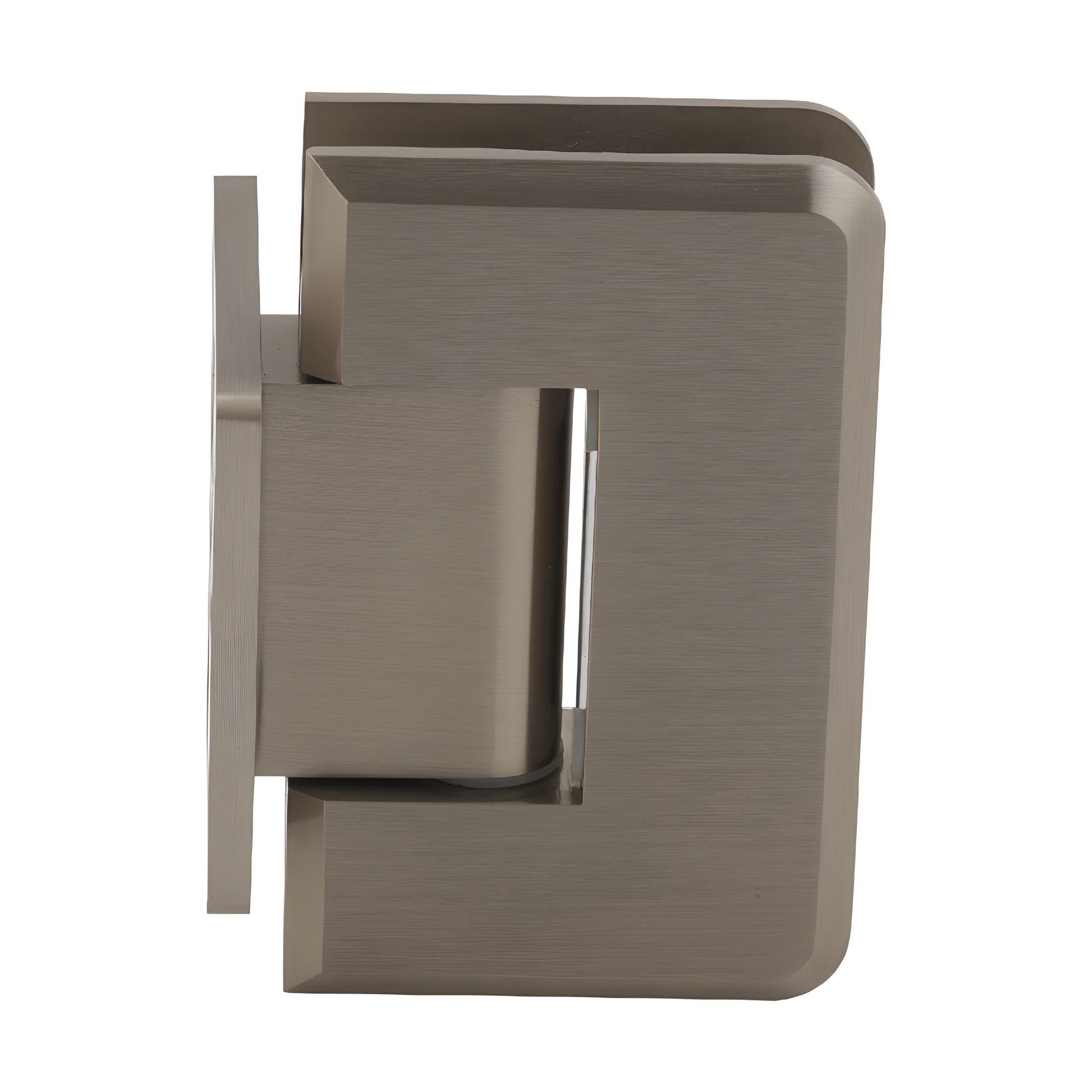 Brushed bronze brass Pinnacle shower hinge (SKU P1N074BBRZ), short back plate, beveled edge, fits 8-12mm tempered glass.