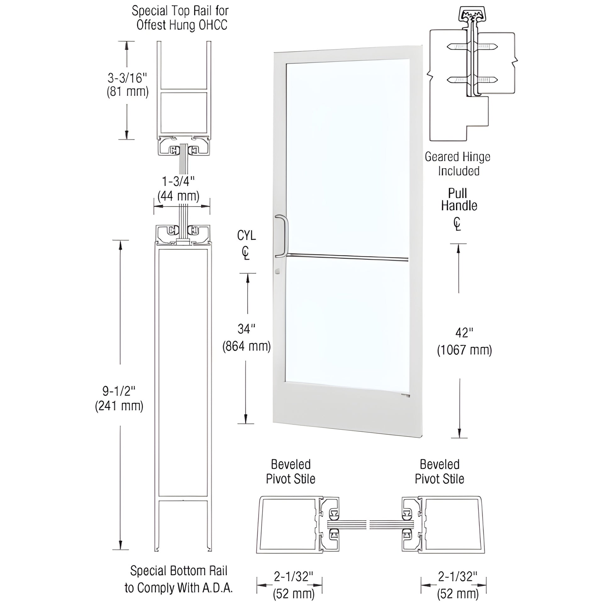 CD21952 white Kynar narrow-stile commercial entrance door with glass, ADA 9-1/2" bottom rail, push/pull hardware