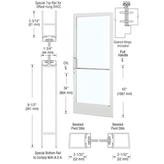 CD21952 white Kynar narrow-stile commercial entrance door with glass, ADA 9-1/2" bottom rail, push/pull hardware
