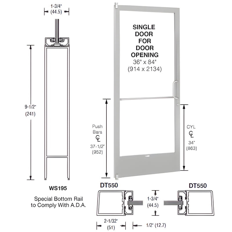 Clear anodized narrow stile aluminum commercial door 36 84 with 91 2" ADA bottom rail, accepts 1" glazing - SKU 1CD21211R036