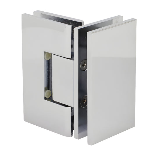 Polished chrome square glass-to-glass shower hinge, brass Vienna 90 self-centering (SKU V1E092CH)