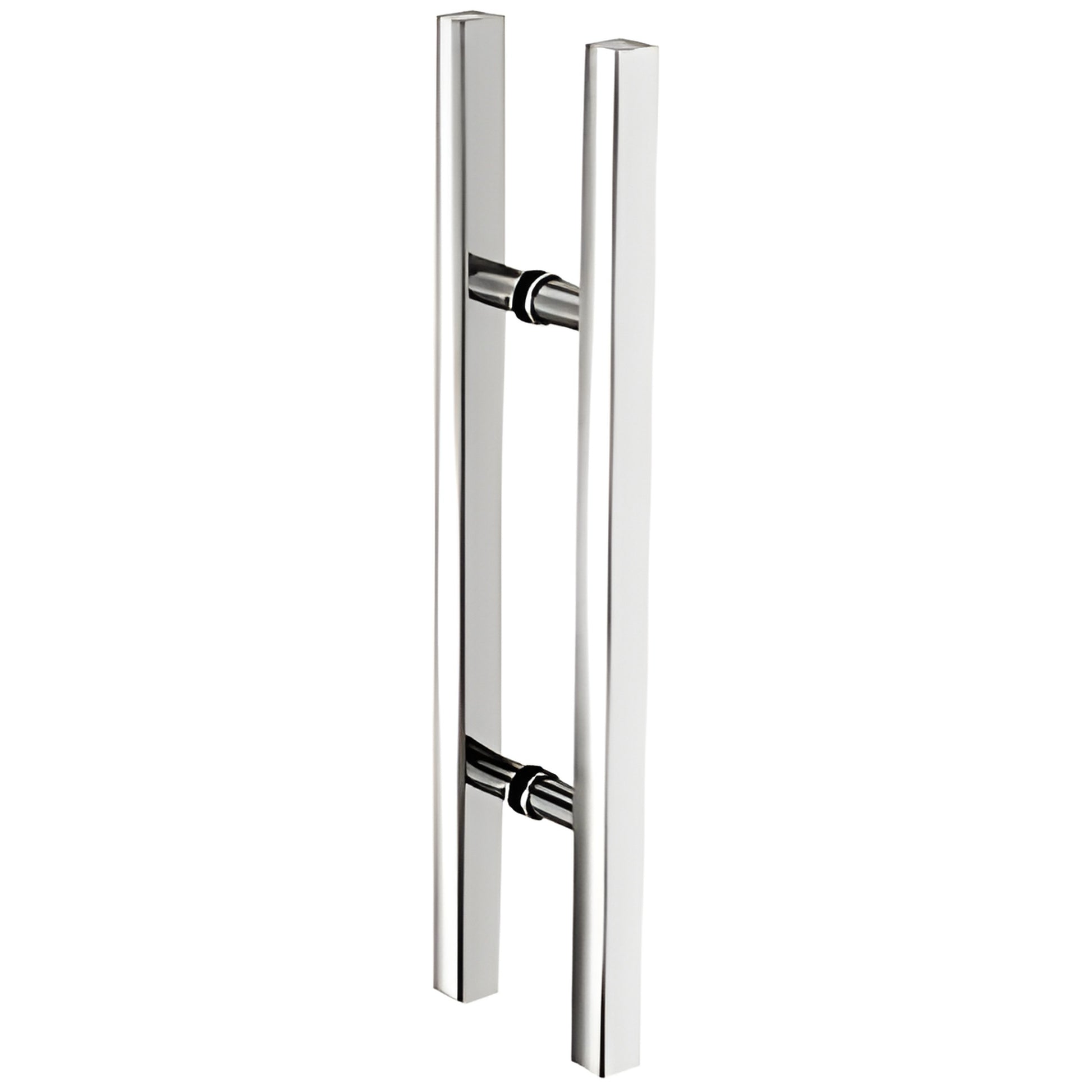 Polished stainless steel square ladder pull handle, 24 in length, 1-1/4 in square tubing, back-to-back mounts for glass doors