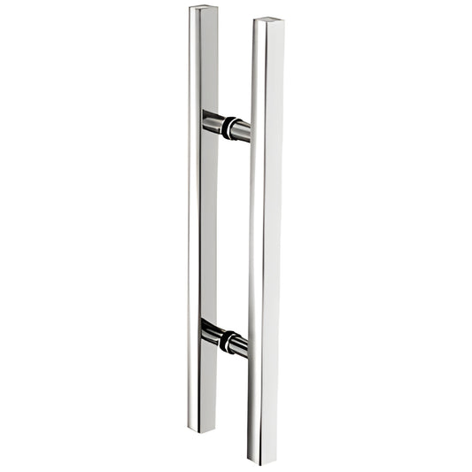 Polished stainless steel square ladder pull handle, 24 in length, 1-1/4 in square tubing, back-to-back mounts for glass doors