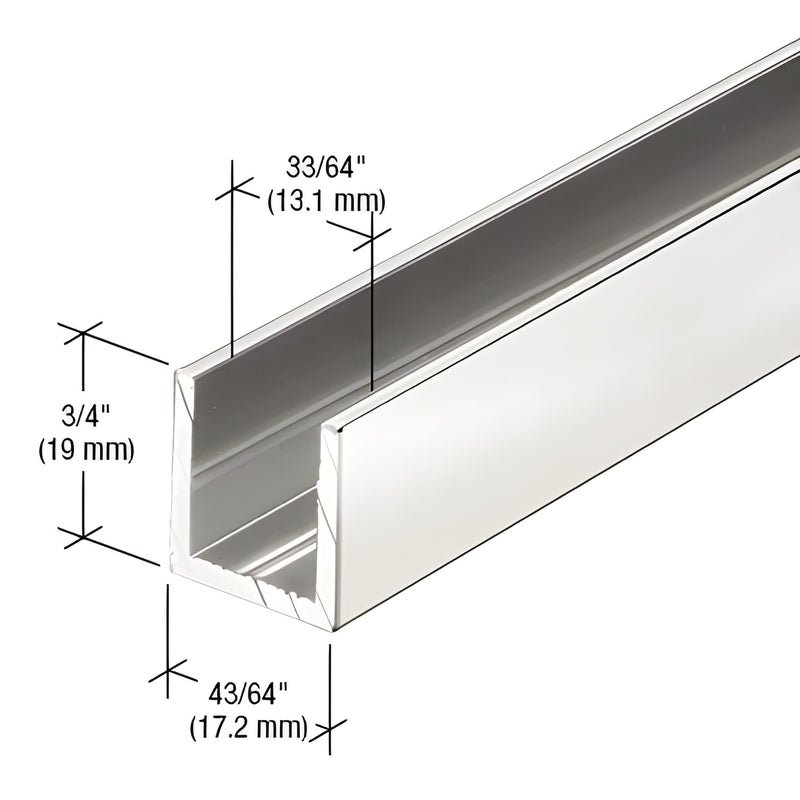Bright anodized aluminum deep U-channel (SKU SDCD12BA) for 1/2" glass - 3/4" high, 11/16" wide.