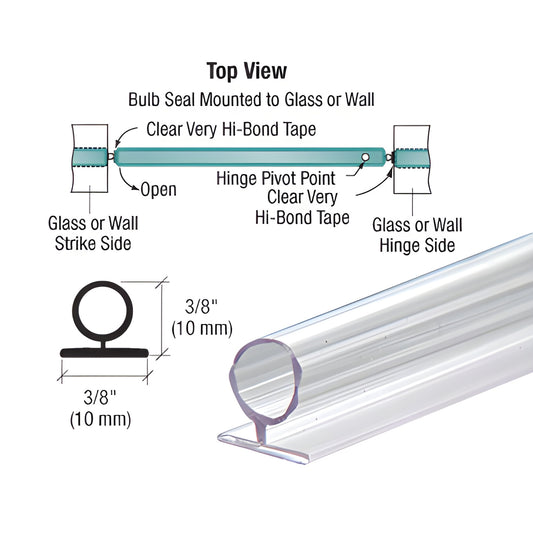 Translucent clear vinyl bulb seal (SKU SDLB), 95-inch hinge-side door seal for tempered glass, seals 3/16-3/8 in gaps.
