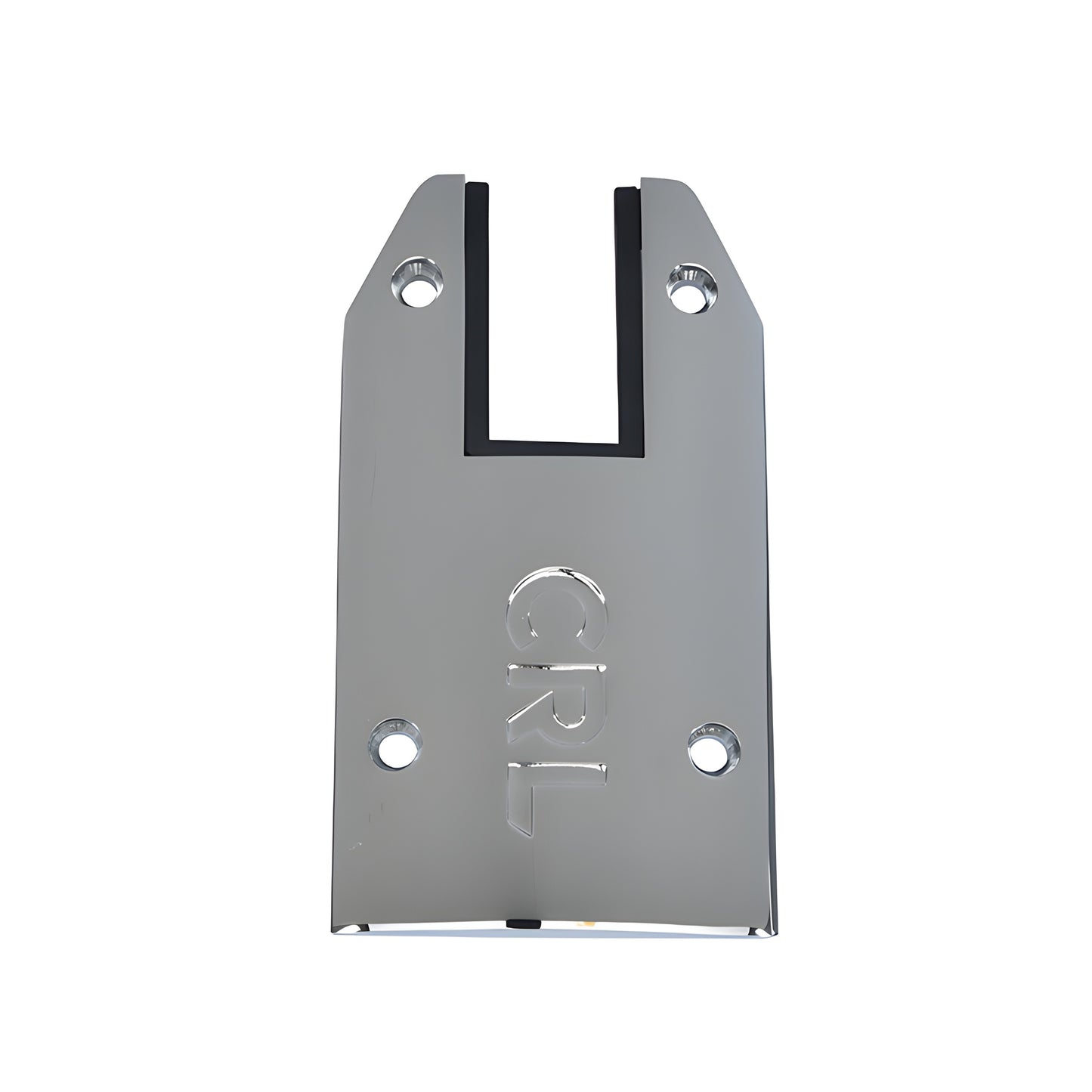 DRXEC4TPS polished stainless 4-inch tapered end cap for DRX door rail, brass, U-slot and four mounting holes.