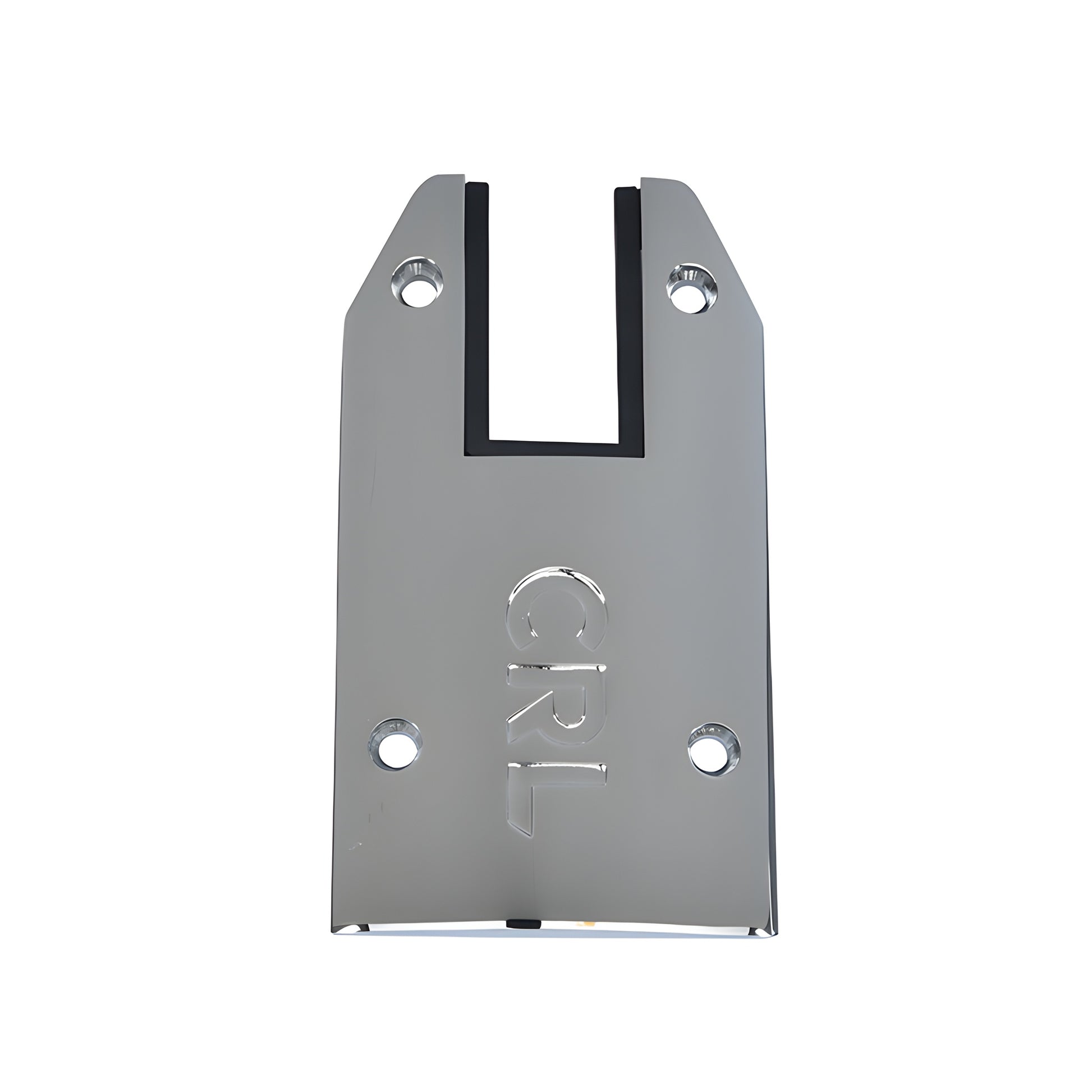 DRXEC4TPS polished stainless 4-inch tapered end cap for DRX door rail, brass, U-slot and four mounting holes.