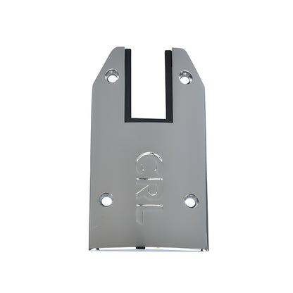 DRXEC4TPS polished stainless 4-inch tapered end cap for DRX door rail, brass, U-slot and four mounting holes.