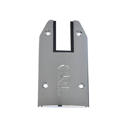 DRXEC4TPS polished stainless 4-inch tapered end cap for DRX door rail, brass, U-slot and four mounting holes.