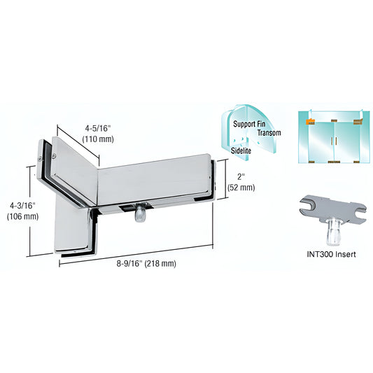 PH41RBS brushed stainless sidelite-mounted transom patch with support fin, INT300 insert, for 3/8-1/2 glass.
