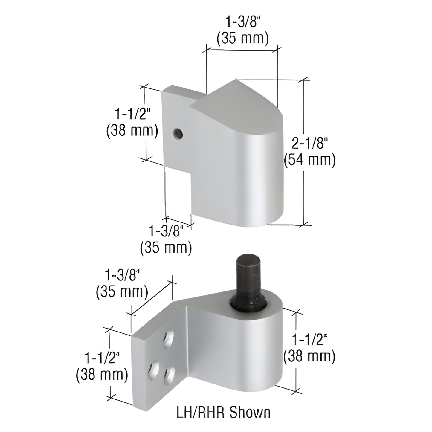 DH02211L left-hand satin aluminum intermediate pivot for U.S. aluminum doors with dimensions.