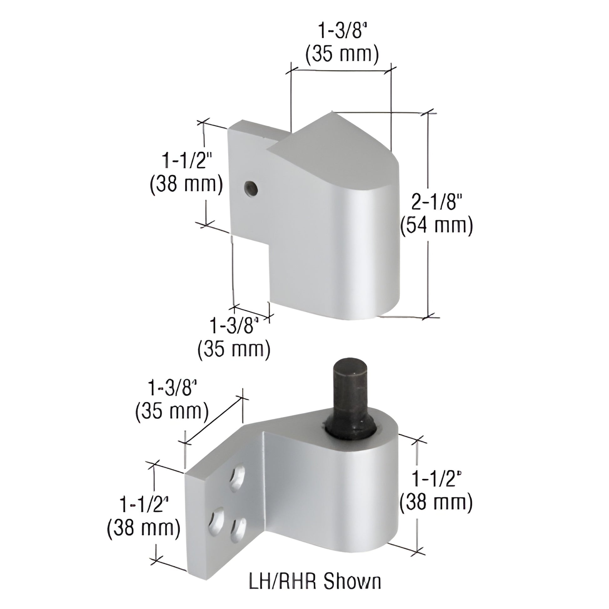 DH02211L left-hand satin aluminum intermediate pivot for U.S. aluminum doors with dimensions.