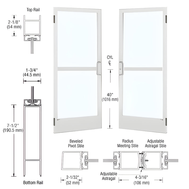 HZ22552 white Kynar narrow-stile commercial entrance door with 1/4" tempered glass, concealed vertical-rod panic hardware, AD