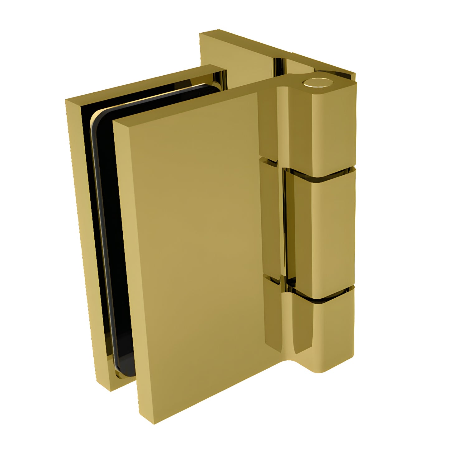Satin brass wall-mount glass shower hinge (SKU C0M044SB), square profile for 8-10mm glass, 180 outswing.