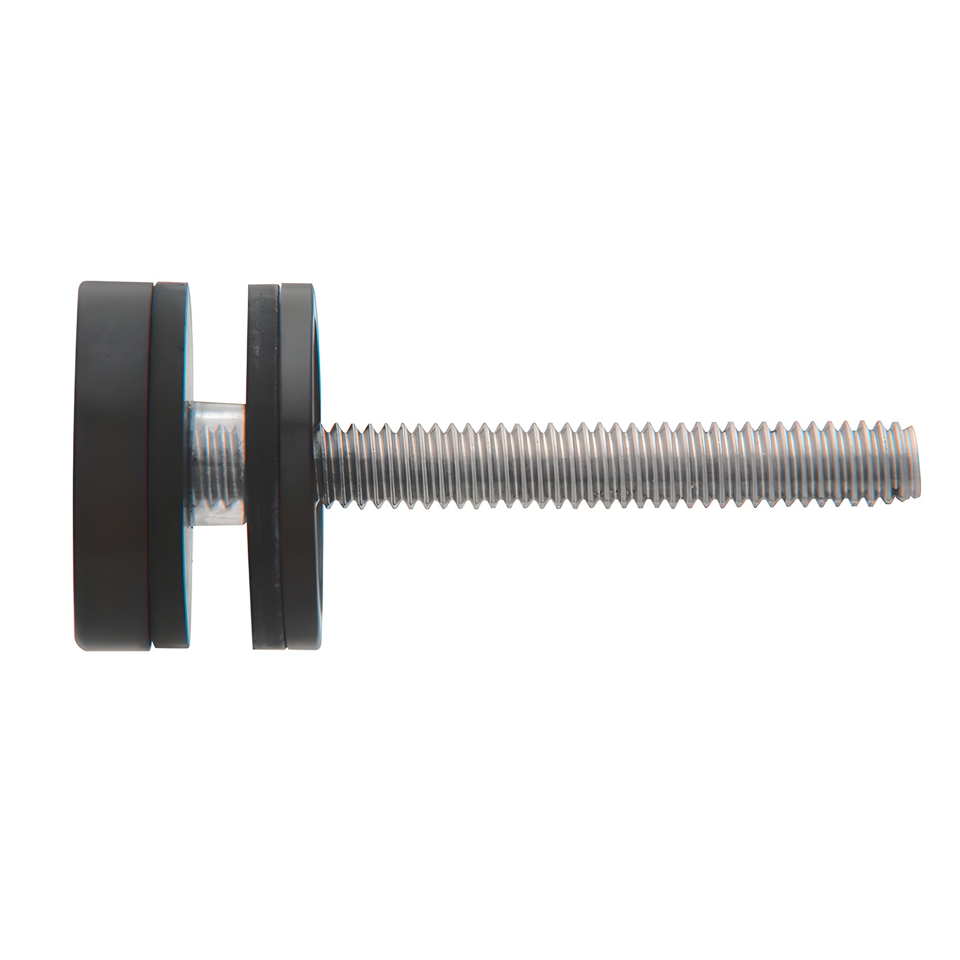 Matte black 1-1/4" cap and metal/plastic washers on 5/16"-18 threaded stud for commercial door pulls.