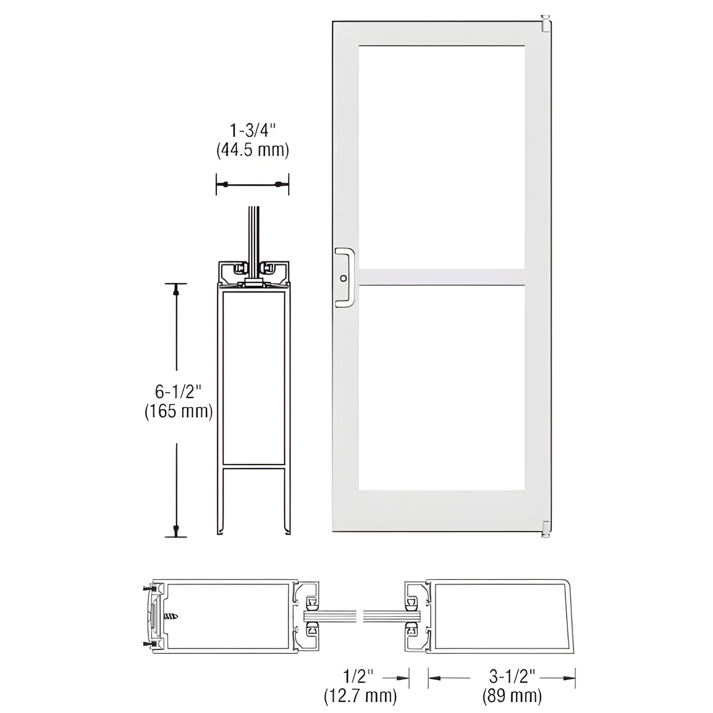 White Kynar medium-stile commercial entrance door (SKU DZ42252LA36) with 1/4" glass stops, 6-1/2" bottom rail, panic hardware