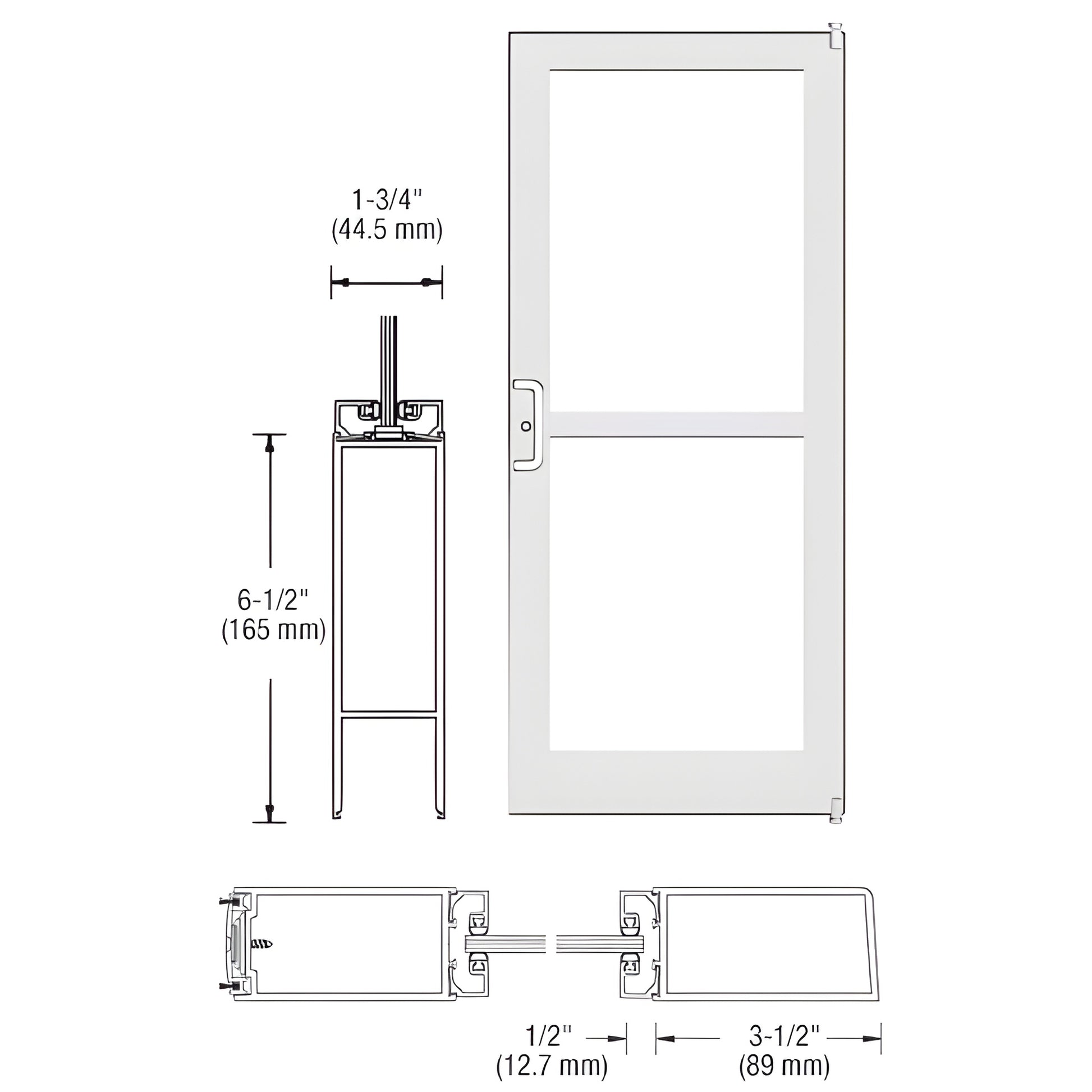 White Kynar medium-stile commercial entrance door (SKU DZ42252LA36) with 1/4" glass stops, 6-1/2" bottom rail, panic hardware