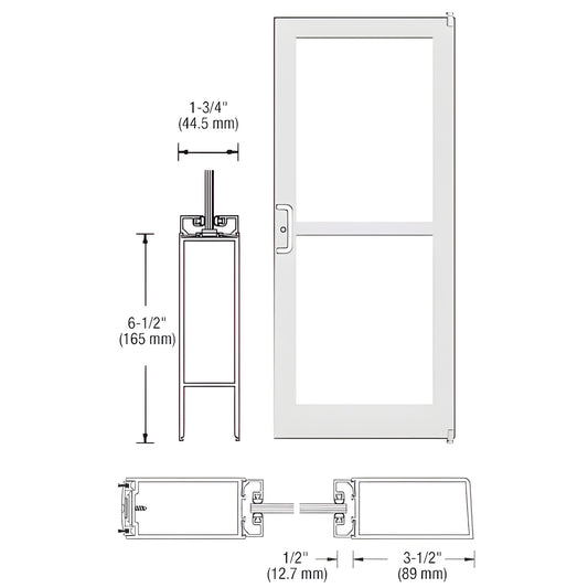 White Kynar medium-stile commercial entrance door (SKU DZ42252LA36) with 1/4" glass stops, 6-1/2" bottom rail, panic hardware