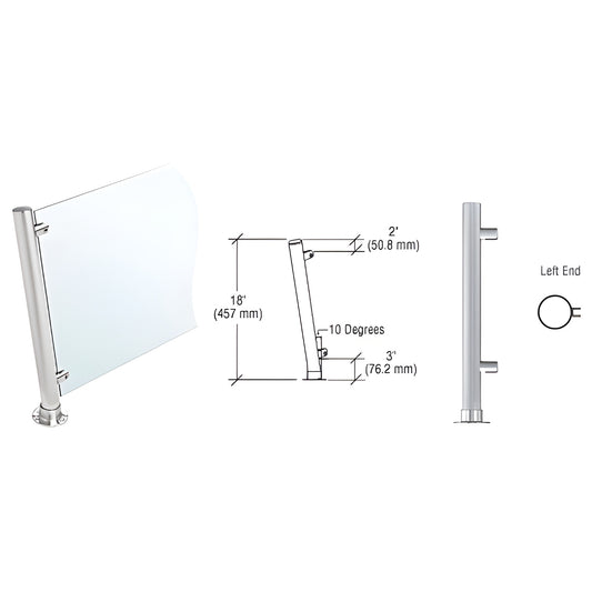 PP46LEBS - 18" brushed stainless left-slant round partition post with flat cap, round flange and 3/8" glass fittings
