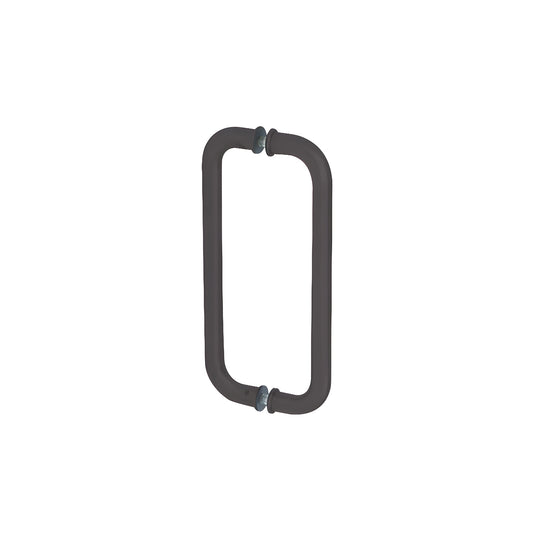 Glass-mounted rectangular pull handle, 1 in dia, black bronze anodized, fits 3/8-3/4 in glass. SKU CM10X10DU