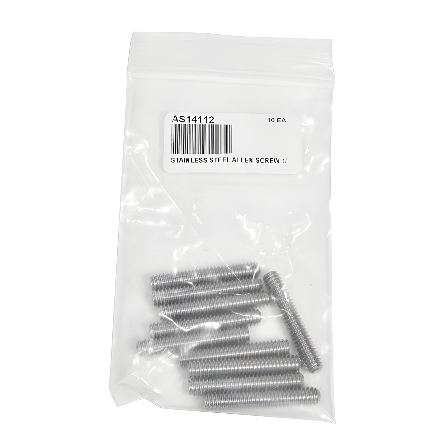 Stainless steel headless 1-1/2 in Allen screw, 1/4-20 thread, SKU AS14112 on white background.